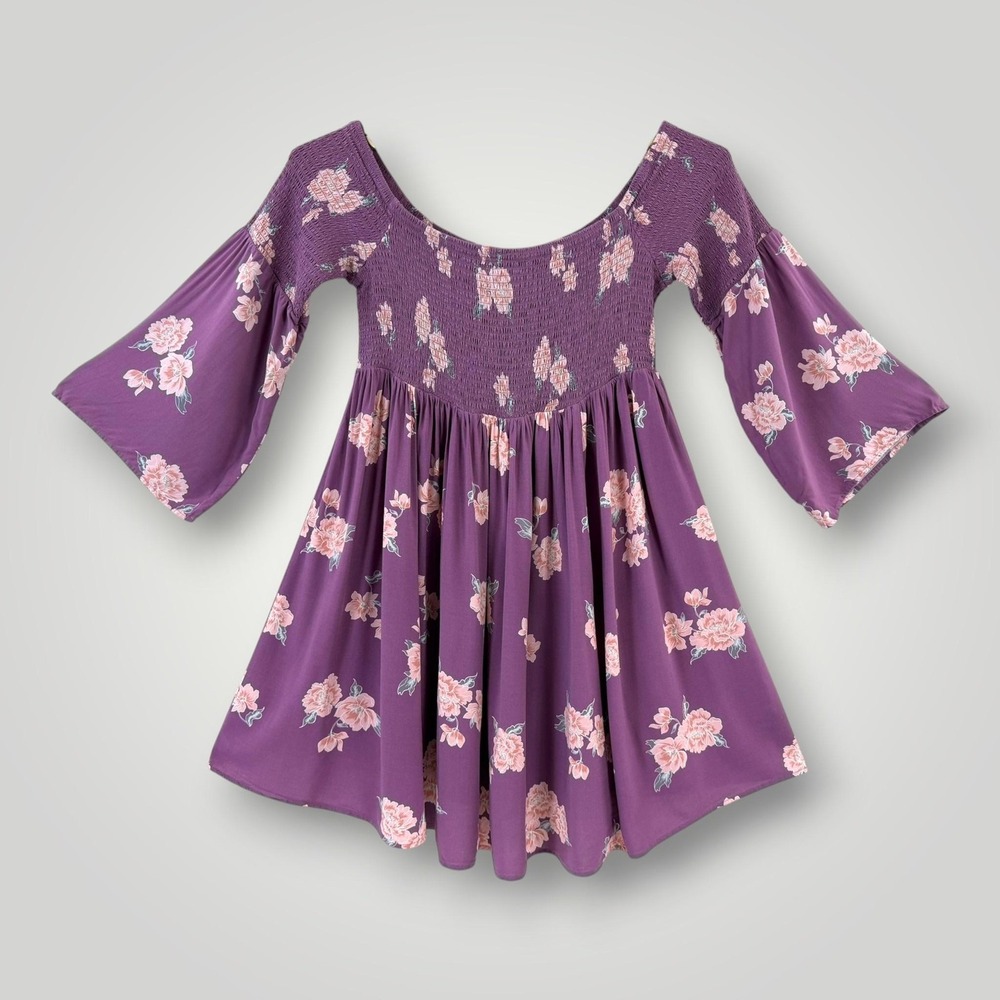 Torrid Floral Smocked Dress Womens 3X Purple Fit Flare Bell Sleeve